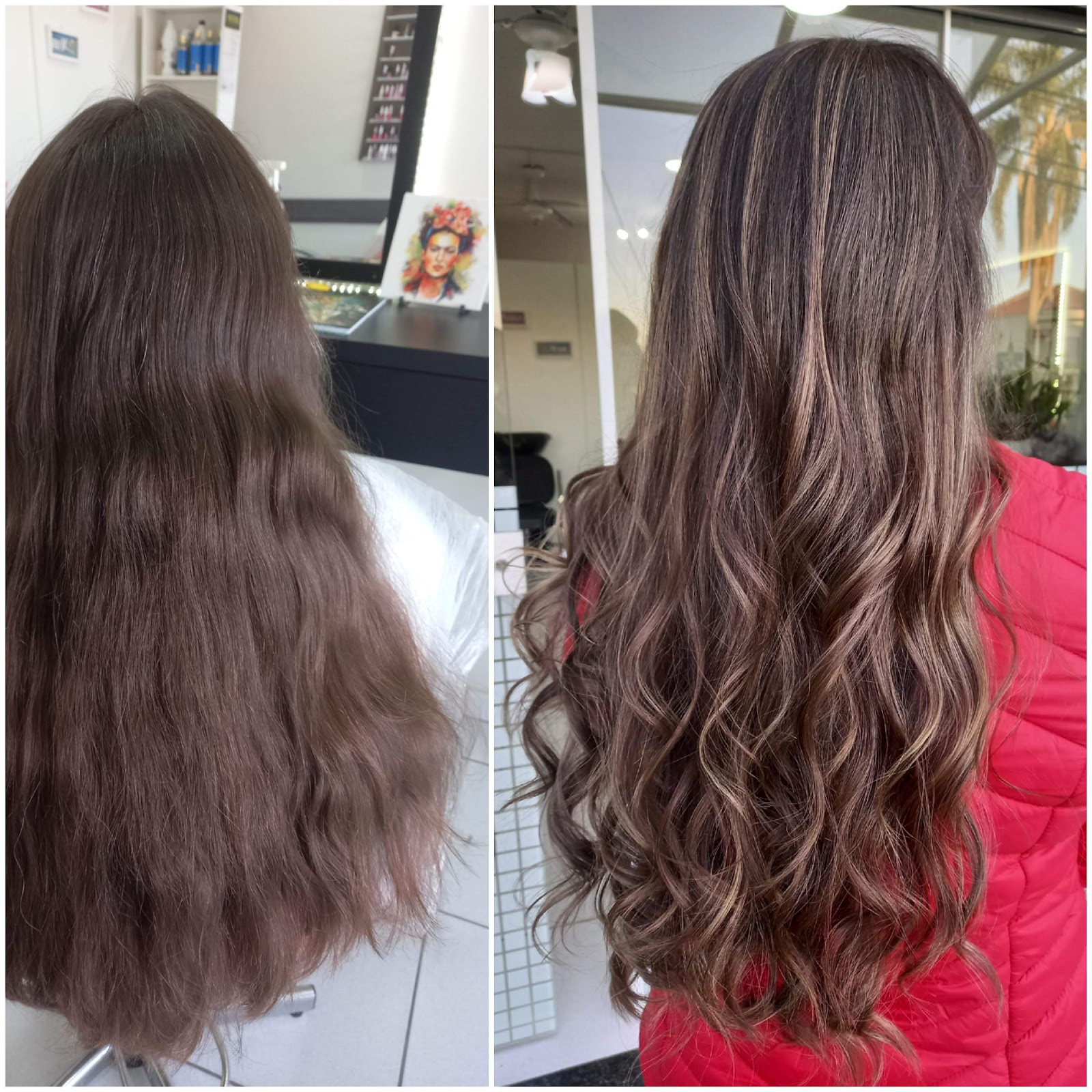 Cabelo cacheado com mechas antes e depois, feito no Studio Bella
