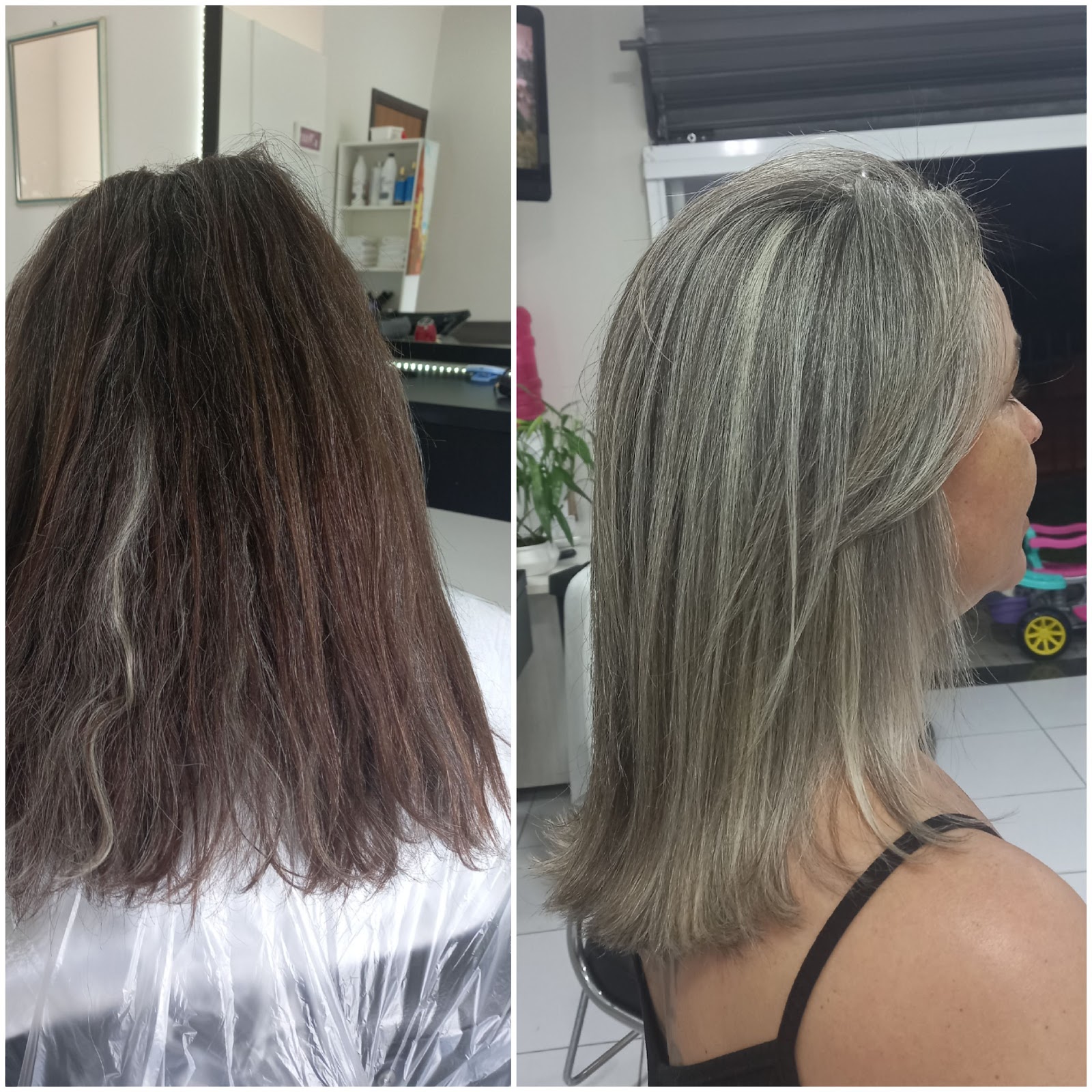 Transição de cabelo colorido para grisalho natural, feita no Studio Bella
