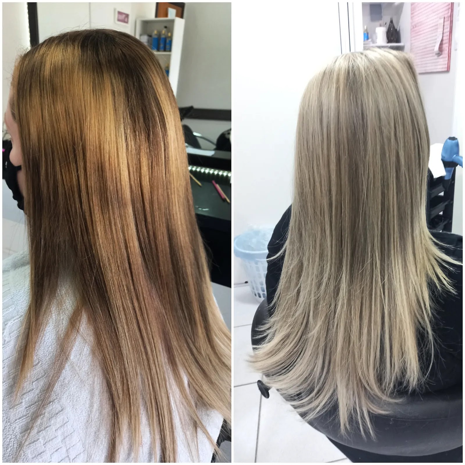 Cabelo longo com mechas claras antes e depois, feito no Studio Bella